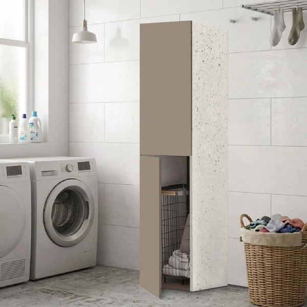 Armoire Polyvalente à 2 Portes 40x182h cm avec Panier à Linge – Gris Tourterelle/Pierre