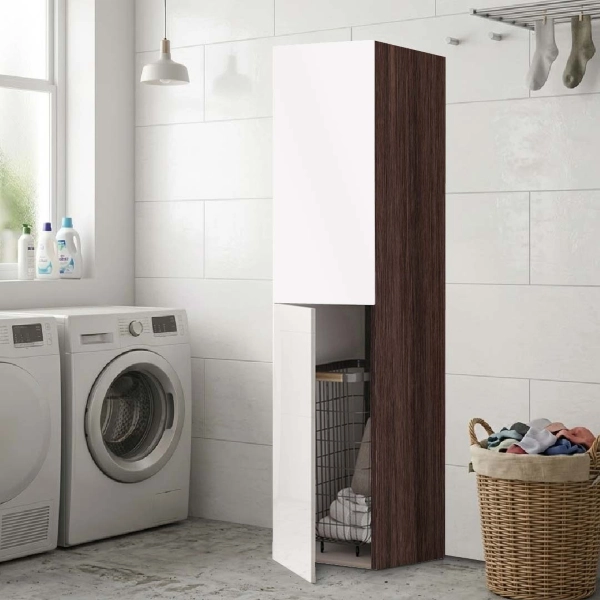 Colonne Armoire Polyvalente à 2 Portes 40x182h cm avec Panier à Linge – Blanc/Café