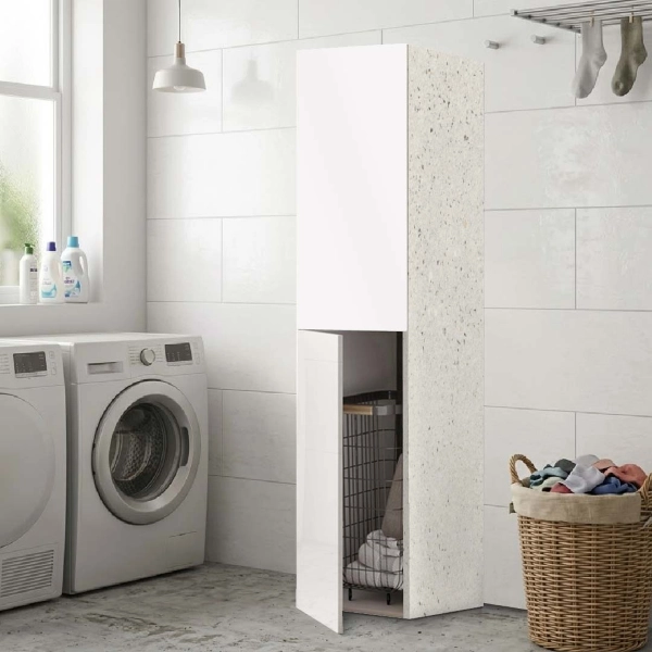 2-Door Multipurpose Column Cabinet 40x182h cm with Laundry Basket – White/Stone