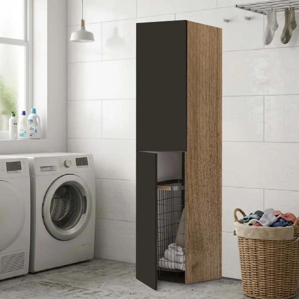 Colonne Armoire à 2 Portes 40x182h cm avec Chariot à Linge – Graphite/Noyer