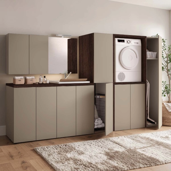 Colonne Armoire à Balais de Buanderie à 1 Porte 40x182h cm – Gris Tourterelle/Café
