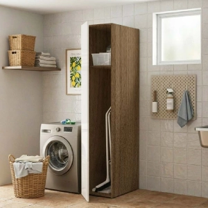 Wooden broom holder column with 1 door White and Walnut structure