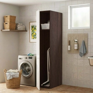 Wooden broom holder column with 1 door White and Olmo Caffè structure