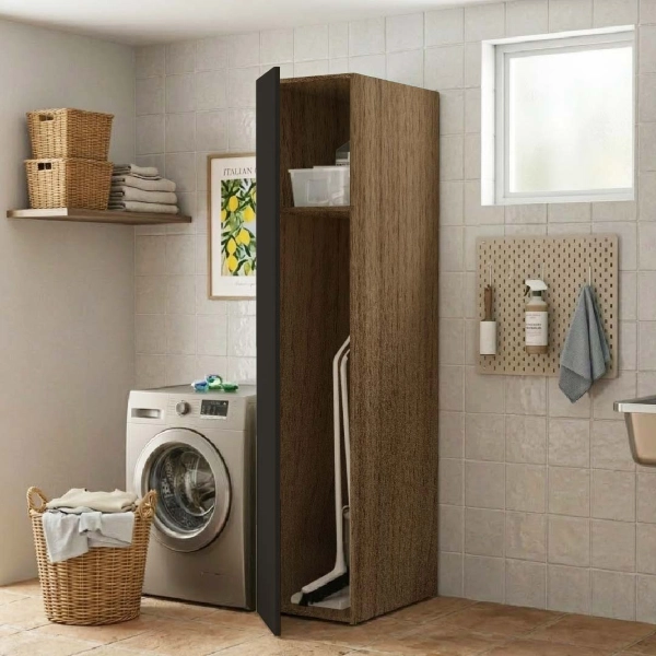 Colonne Armoire à Balais en Bois à 1 Porte 40x182h cm – Graphite/Noyer