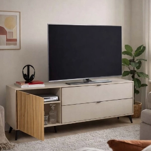 Mobile Porta TV Nidor 182x60h cm Legno Grigio 1 Anta e 2 Cassetti