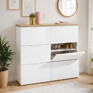 SELDIR shoe rack 120x102h cm in White wood and Oak with 6 flap doors