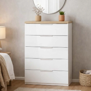 Cómoda multiusos 81x103h cm con 5 cajones en madera blanco brillo