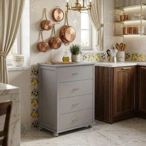 Cajonera con ruedas ICON H83 cm en Madera de Haya con 4 Cajones Gris Tórtola.