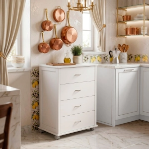 Cajonera con ruedas ICON H83 cm en Madera de Haya con 4 Cajones Blanco.