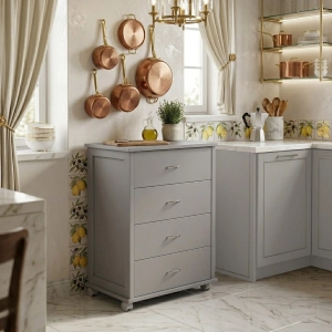 Cajonera con ruedas ICON H83 cm en Madera de Haya con 4 Cajones Gris Tórtola.