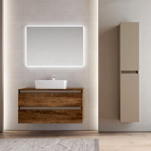 Mobile bagno sospeso 100 cm Tabacco con lavabo da appoggio e specchio - CUBE1