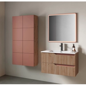 60cm Wall-Hung Bathroom Cabinet in Reeded Wood with 2 Soft-Close Metal Drawers