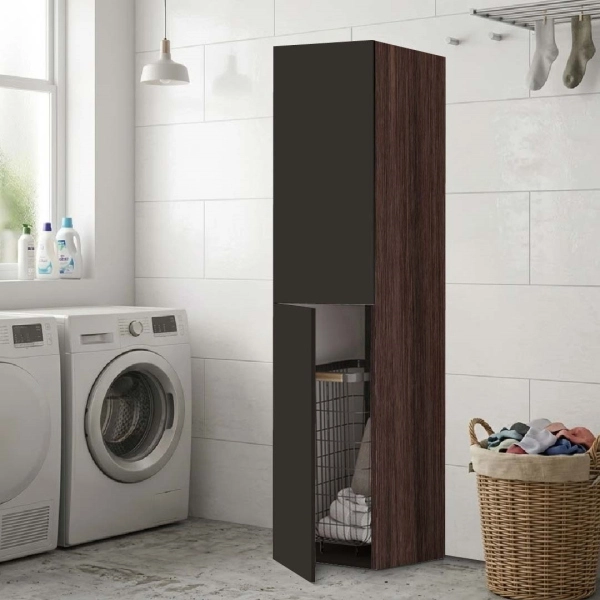 Colonne Armoire de Buanderie à 2 Portes 40x182h cm avec Panier à Linge – Graphite/Café