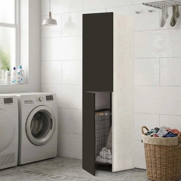 Colonne Armoire de Buanderie à 2 Portes 40x182h cm avec Panier à Linge – Graphite/Pierre
