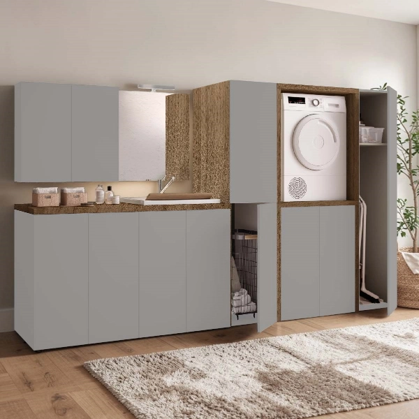 Meuble Buanderie Multi-Usage en Bois à 2 Portes 71x91h cm – Gris/Noyer