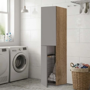 2-Door Laundry Column Cabinet 40x182h cm with Laundry Basket – Gray/Walnut