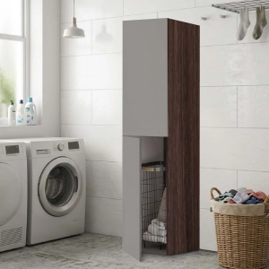 2-Door Column Cabinet 40x182h cm with Laundry Cart – Gray/Coffee