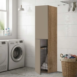 2-Door Multipurpose Column Cabinet 40x182h cm with Laundry Cart – Dove Gray/Walnut