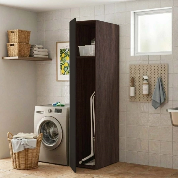 Colonne Armoire à Balais en Bois à 1 Porte 40x182h cm – Graphite/Café