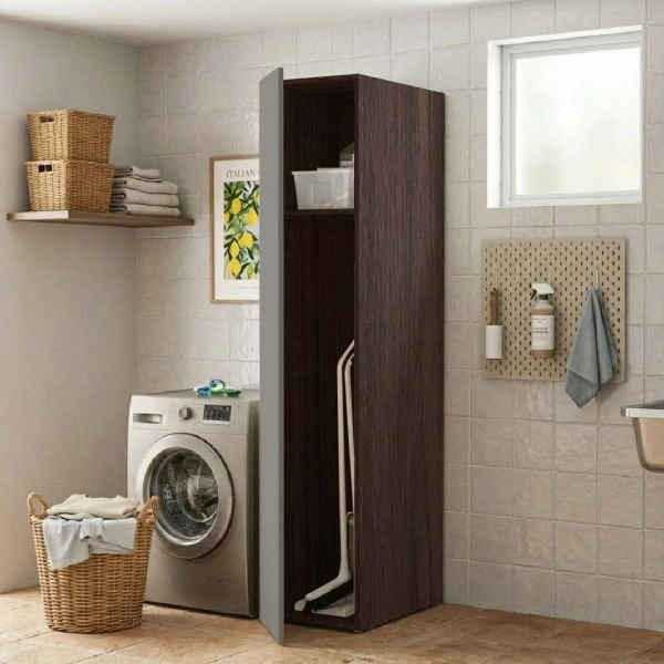 Colonne Armoire à Balais de Buanderie à 1 Porte 40x182h cm – Gris/Café