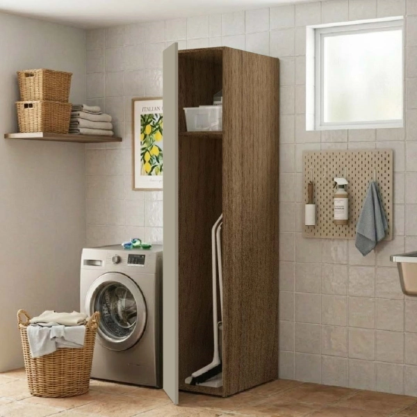 Colonne Armoire à Balais de Buanderie à 1 Porte 40x182h cm – Gris Tourterelle/Noyer
