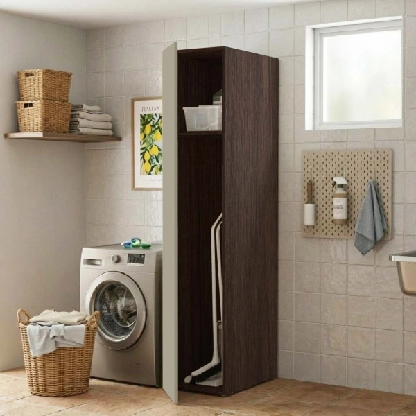 Colonne Armoire à Balais de Buanderie à 1 Porte 40x182h cm – Gris Tourterelle/Café