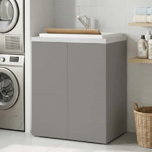 2-Door Wooden Laundry Cabinet 71x65h cm with Resin Sink – Gray/Gray