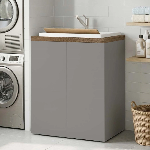 Meuble Lavoir en Bois à 2 Portes 71x65h cm avec Vasque en Résine – Gris/Noyer