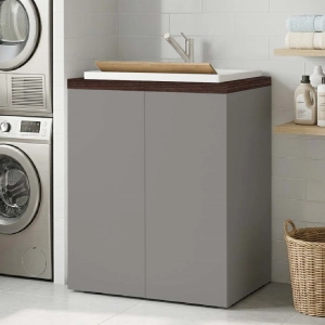 Space-Saving 2-Door Laundry Cabinet 71x65h cm with Resin Sink – Gray/Coffee