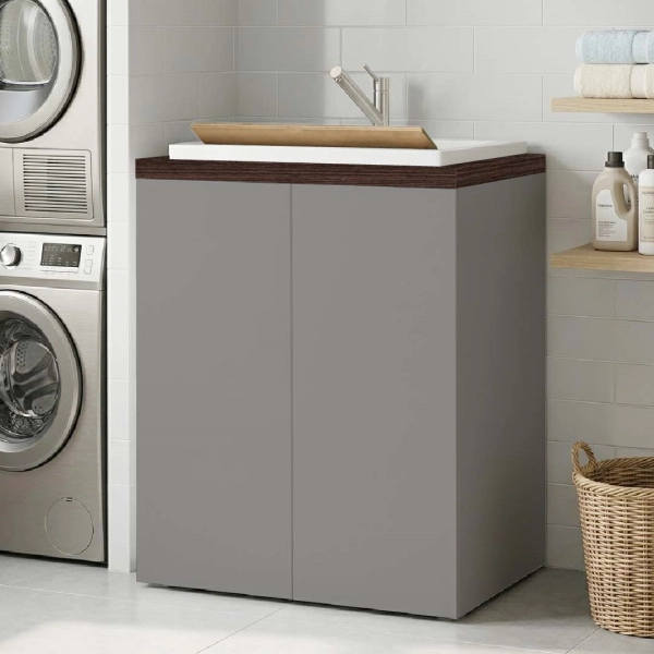 Meuble Lavoir Gain de Place à 2 Portes 71x65h cm avec Vasque en Résine – Gris/Café
