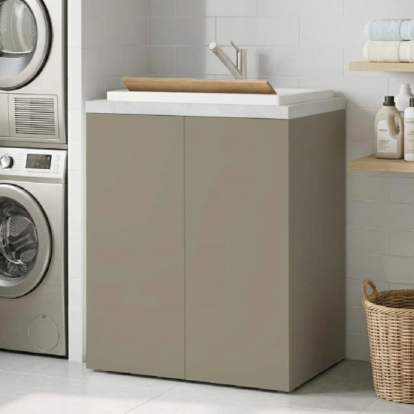 Meuble Lavoir en Bois à 2 Portes 71x65h cm avec Vasque en Résine – Gris Tourterelle/Gris