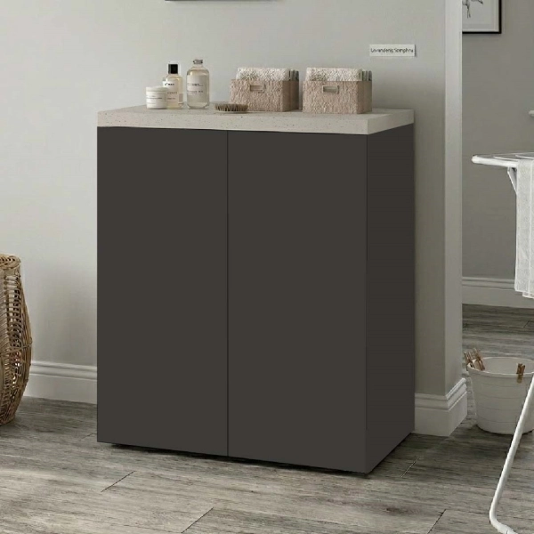 Meuble Buanderie Multi-Usage en Bois à 2 Portes 71x91h cm – Graphite/Pierre