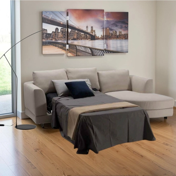 Sofá cama rinconera 271x165 cm tejido antimanchas - Linz Beige