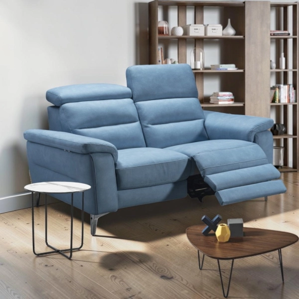 Canapé relax en cuir véritable L160 cm têtes de lit réglables - Valta Bleu Ciel