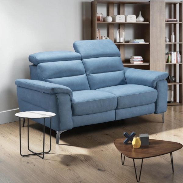 Canapé relax en cuir véritable L160 cm têtes de lit réglables - Valta Bleu Ciel