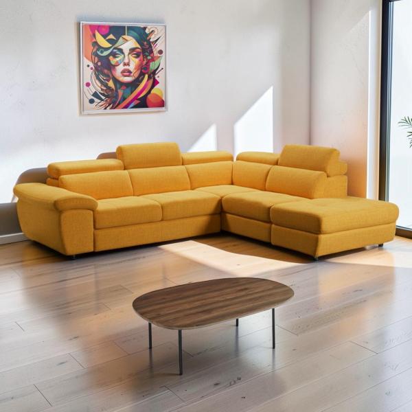 Sofá rinconera L246 cm tejido antimanchas con puf - Roxas Naranja