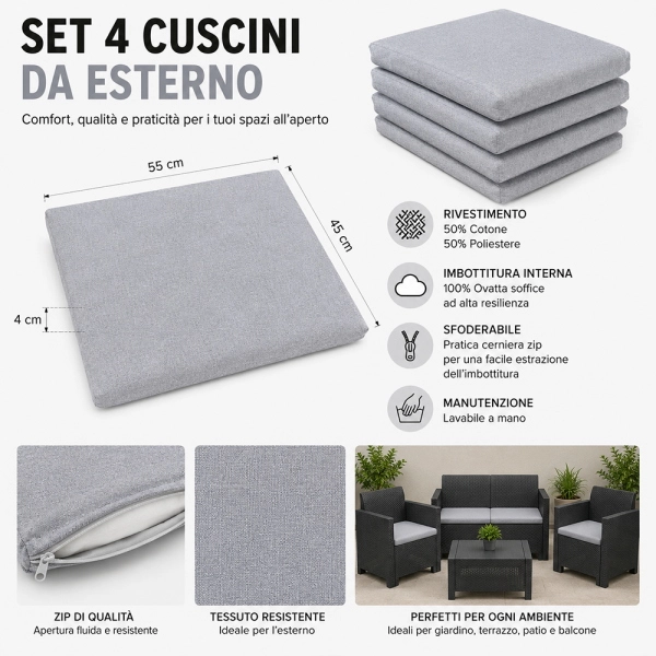 Coussins Extérieur et Jardin 55x45 cm Déhoussables Gris Lot de 4