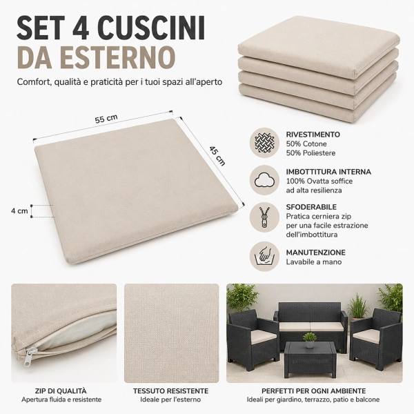 Coussins Extérieur et Jardin 55x45 cm Déhoussables Beige Lot de 4