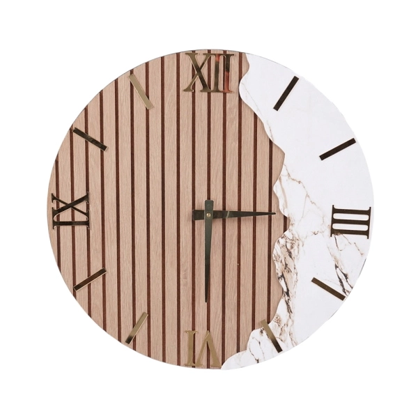 Horloge en bois de 60 cm effet cannelé et marbre blanc