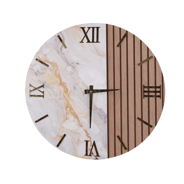 Horloge Ronde 60 cm en Bois de Noyer Cannelé et Marbre