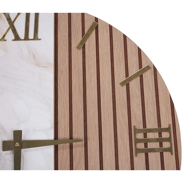 Horloge Ronde 60 cm en Bois de Noyer Cannelé et Marbre