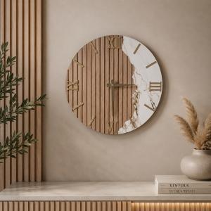 Orologio in legno 60 cm effetto cannettato e marmo bianco
