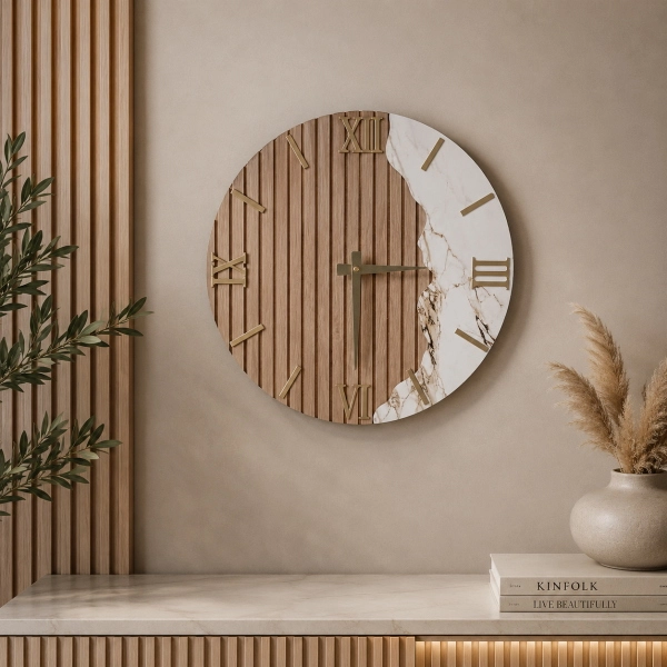 Horloge en bois de 60 cm effet cannelé et marbre blanc