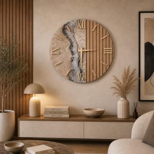 Orologio da Muro 60 cm in Legno cannettato e Marmo design