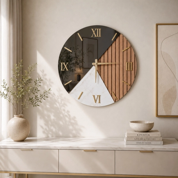 Horloge Murale Ronde 60 cm Noyer Cannelé, Marbre et Miroir