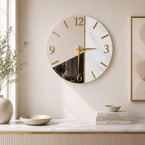 Horloge Murale Ronde 60 cm Miroir et Marbre