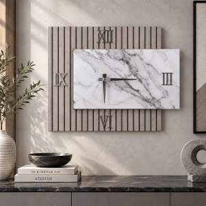 Horloge 72x58 cm en Bois Cannelé Taupe et Marbre