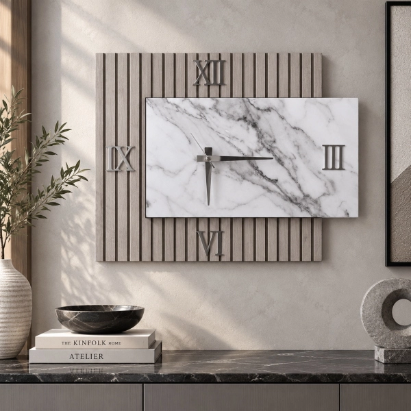 Horloge 72x58 cm en Bois Cannelé Taupe et Marbre