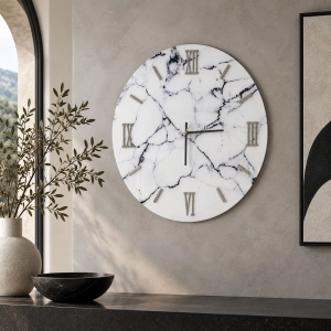 Horloge ronde D65 cm en verre trempé effet marbre blanc - LICOY