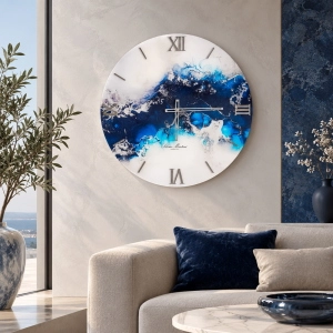 Wanduhr aus gehärtetem Glas, D60 cm, mit blauem Designdruck – MARIDRO